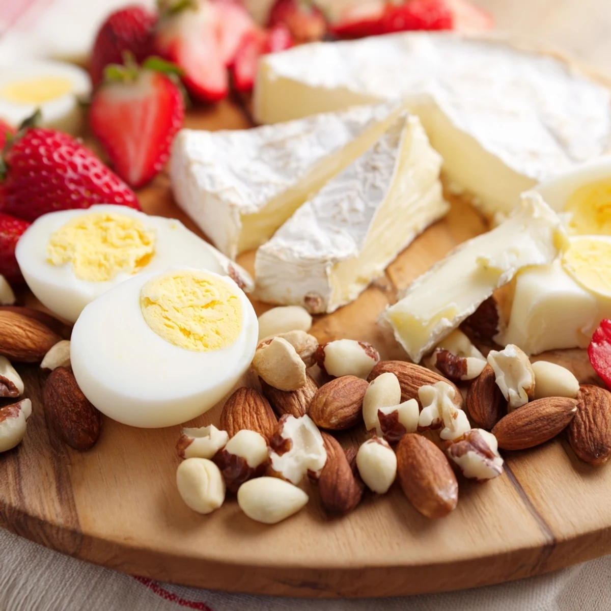 Vibrant breakfast charcuterie board displaying smoked salmon, croissants, mixed fruits, nuts, and spreads on wooden platter