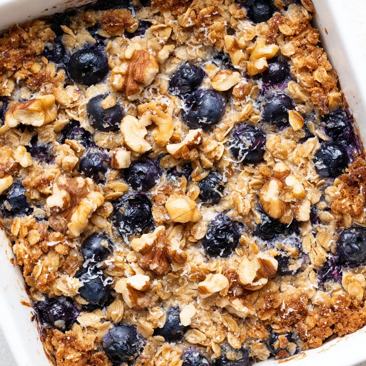 Warm lemon blueberry baked oatmeal served in a white bowl with extra blueberries