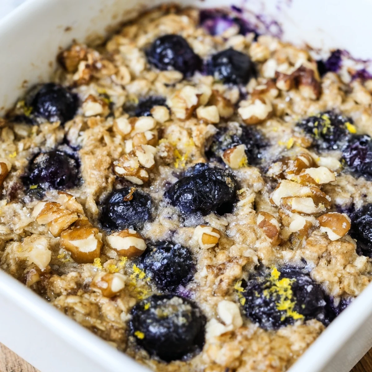 Golden baked lemon blueberry oatmeal squares topped with fresh berries and dusted sugar
