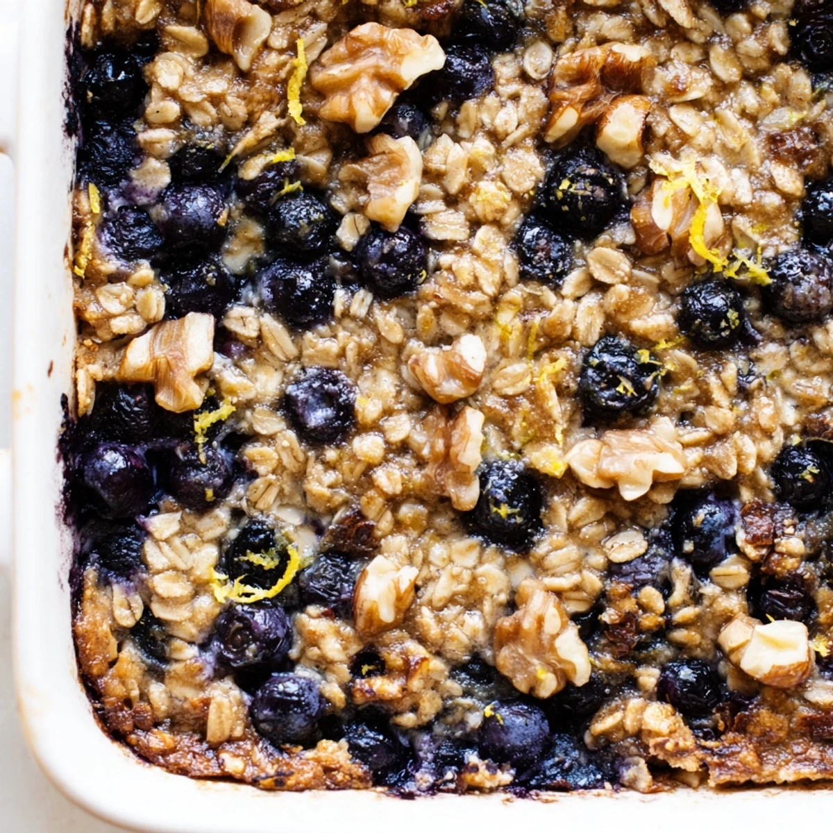 Sliced lemon blueberry baked oatmeal casserole showing tender oats and juicy fruit layers