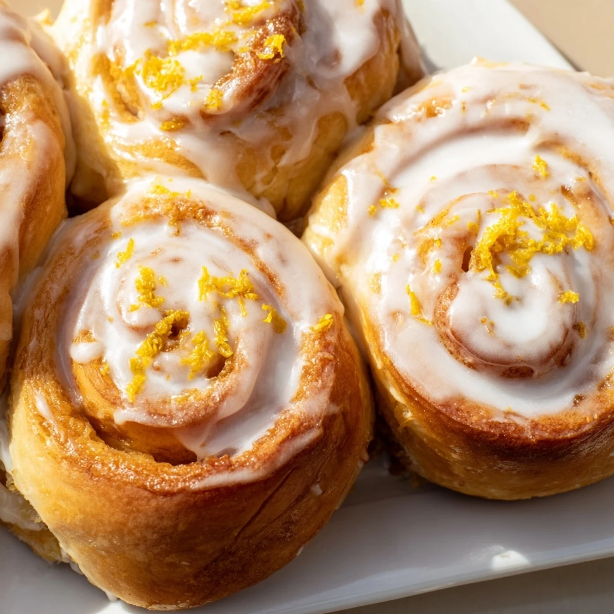 Golden homemade lemon rolls with tangy glaze drizzled over warm, fluffy spiral pastry
