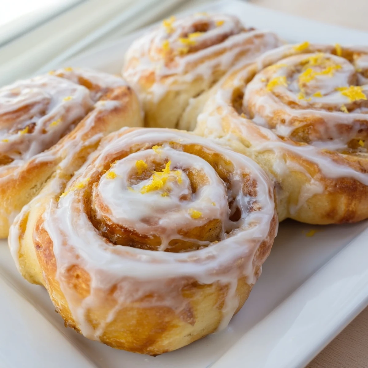 Soft glazed lemon rolls arranged in baking pan ready for breakfast or dessert serving