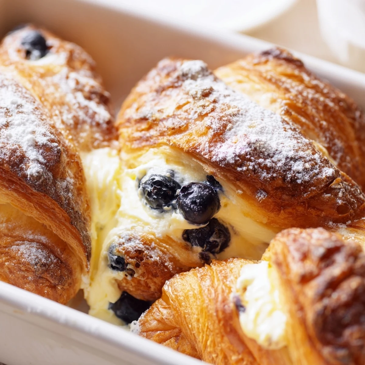 Golden blueberry cream cheese croissant casserole with bubbling fruit and creamy layers