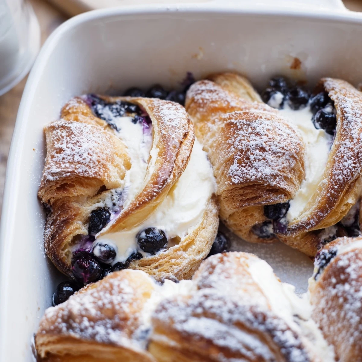Baked breakfast casserole featuring buttery croissants dotted with juicy blueberries and cream cheese