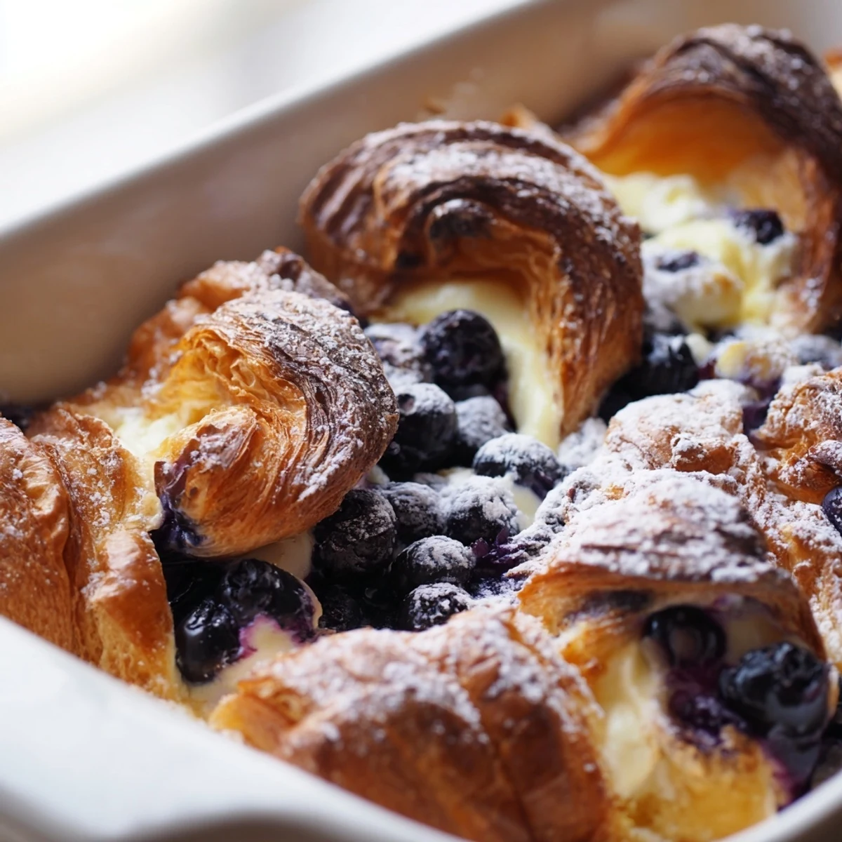 Sliced croissant bake with cream cheese swirls and fresh blueberries topped with powdered sugar
