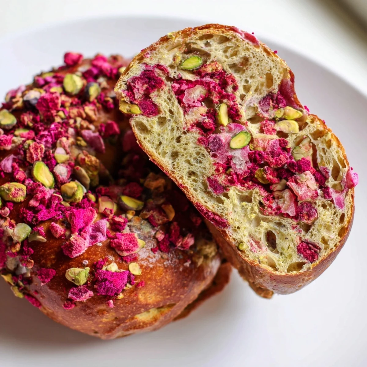 Freshly baked raspberry pistachio sourdough bagels topped with nuts and colorful raspberry pieces on a wooden board