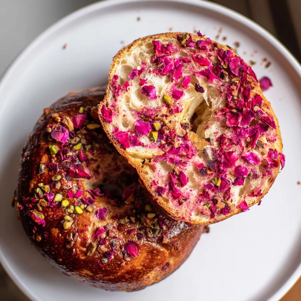 Golden brown chewy sourdough bagels studded with bright red raspberries and green pistachios ready for breakfast