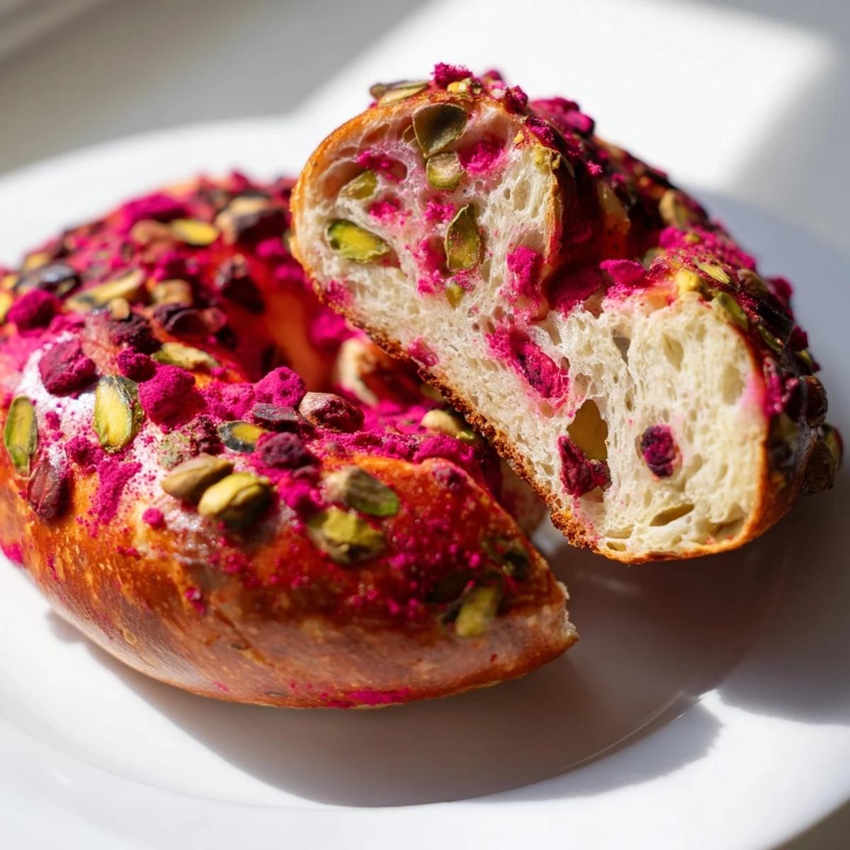 Homemade raspberry pistachio sourdough bagels halved to reveal soft interior with cream cheese and jam spread