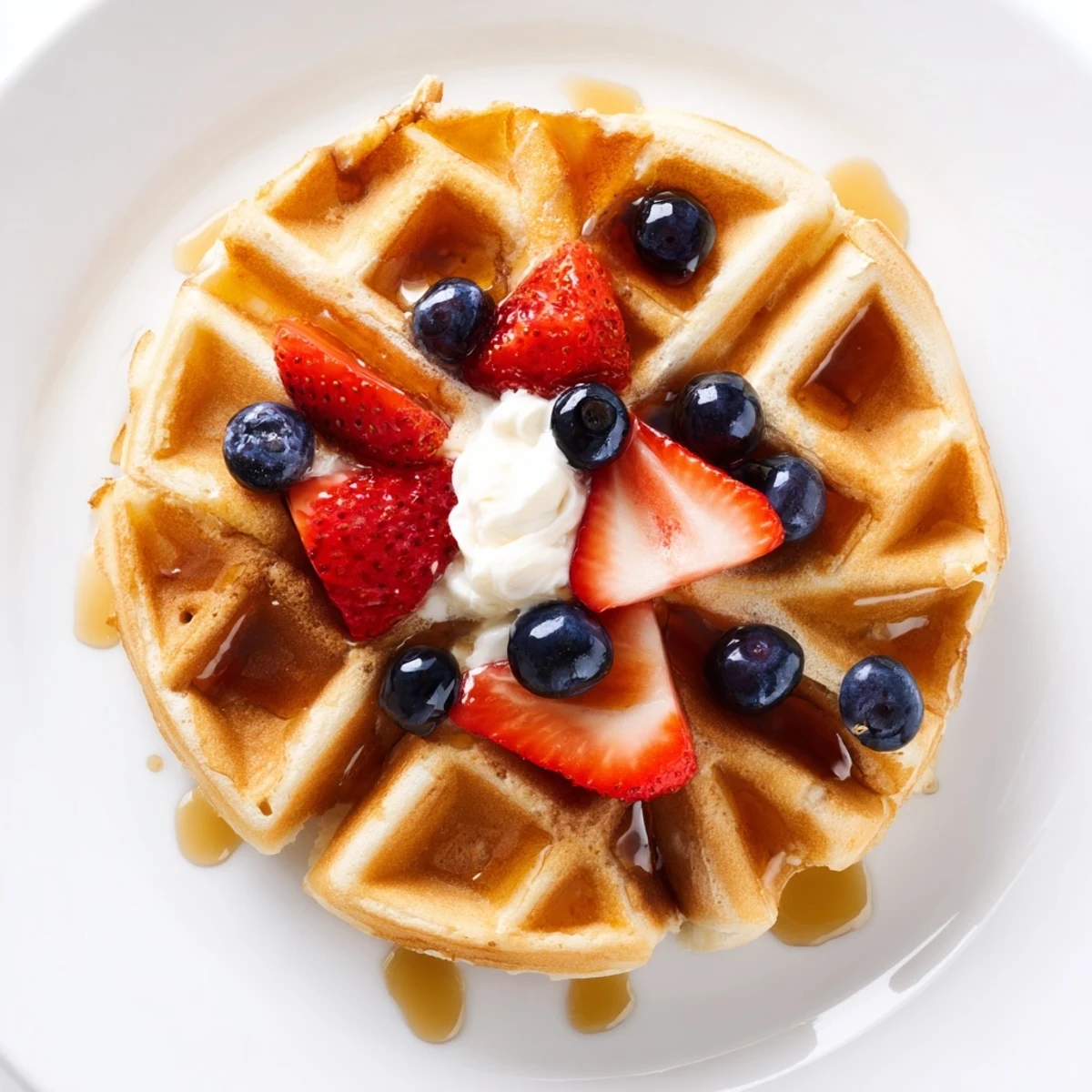 Golden brown Greek Yogurt Waffles with crisp edges served on a white plate