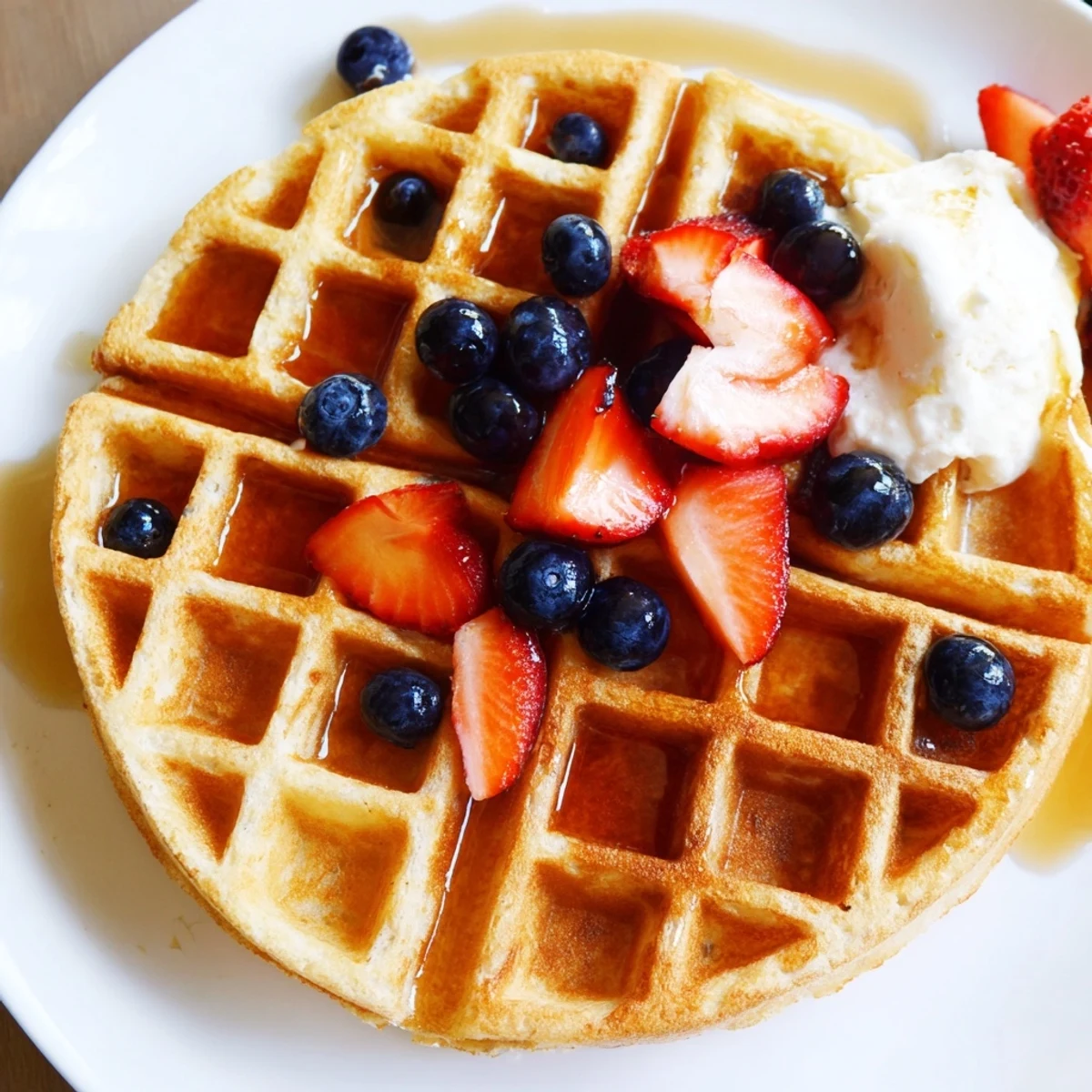 Stack of fluffy Greek Yogurt Waffles topped with fresh berries and maple syrup