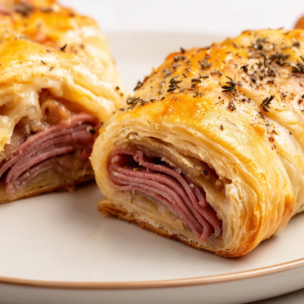 Beef and Cheese French Dip Roll Ups with bubbling melted provolone peeking through flaky crescent dough ready for dipping