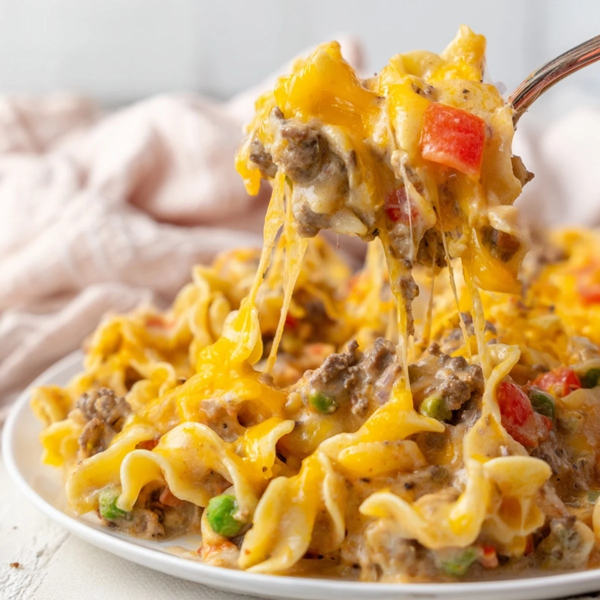 Golden bubbling cheesy beef and noodle casserole fresh from the oven with melted cheddar topping