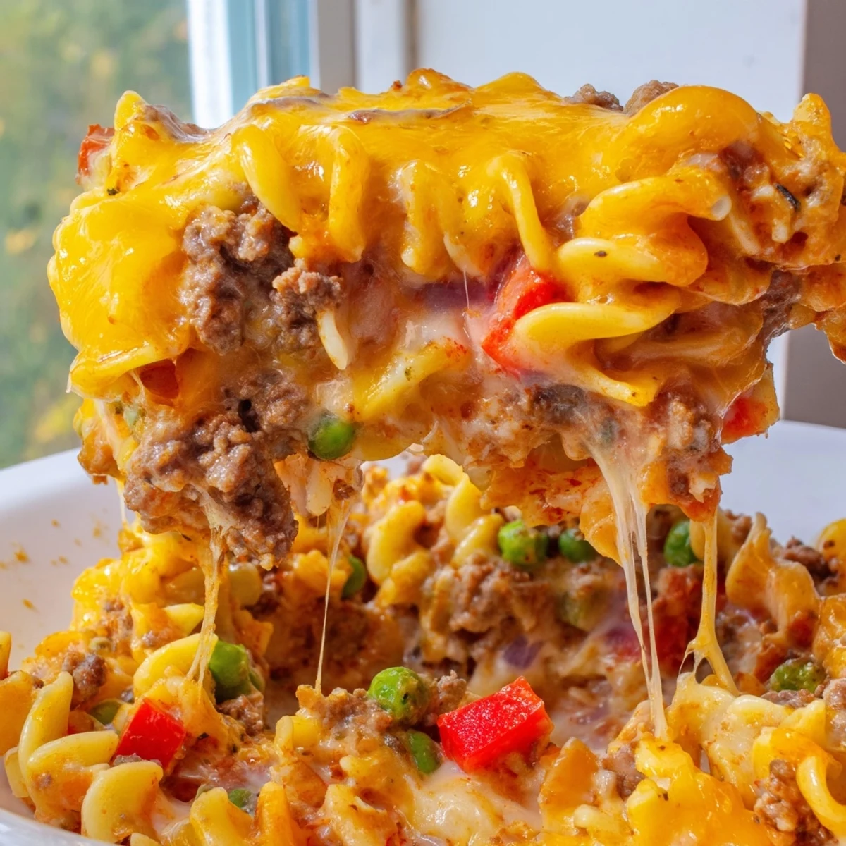 Creamy cheesy beef and noodle casserole with tender egg noodles in a rich, savory sauce