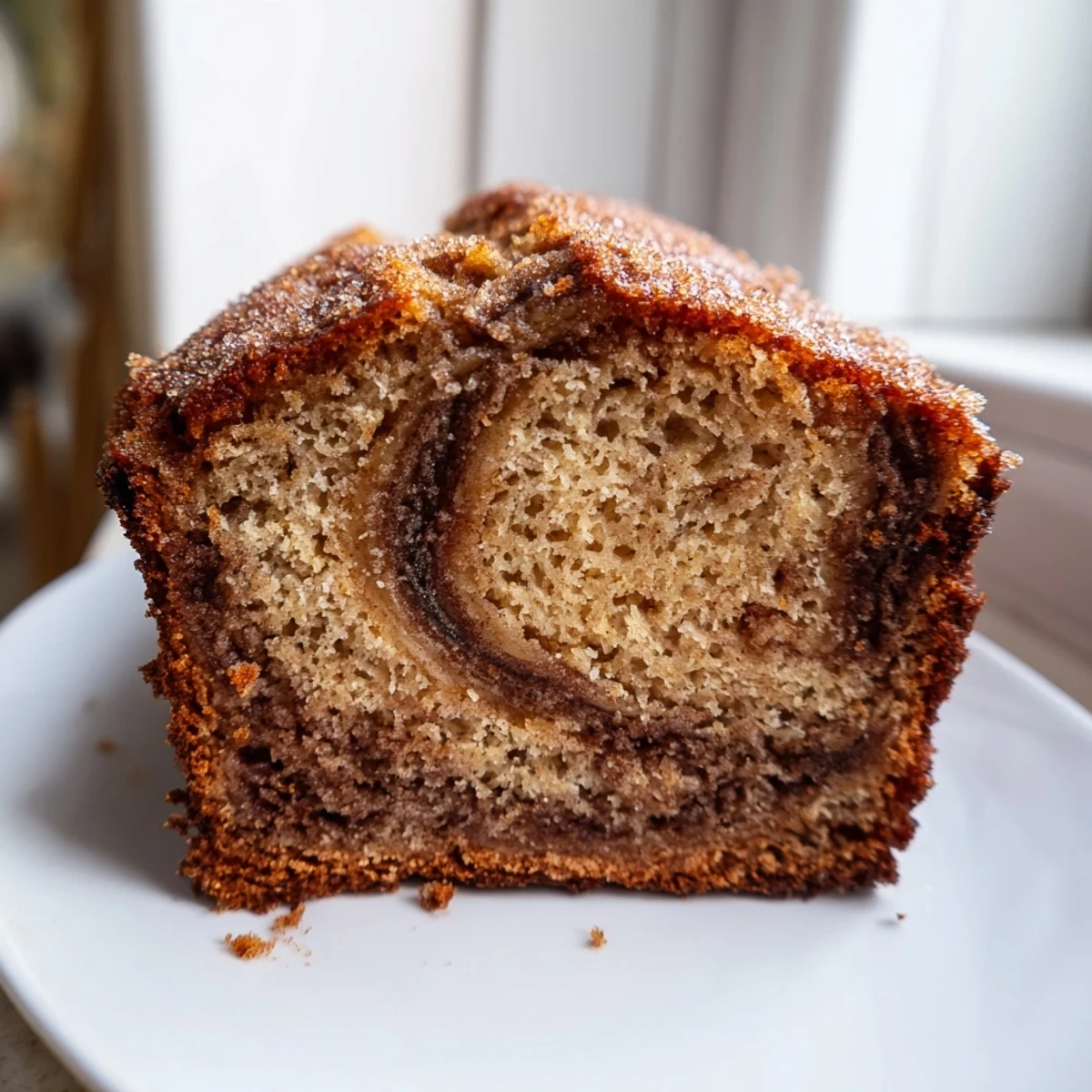 Cinnamon Sugar Swirl Banana Bread sliced thick revealing golden cinnamon ribbons throughout the moist loaf