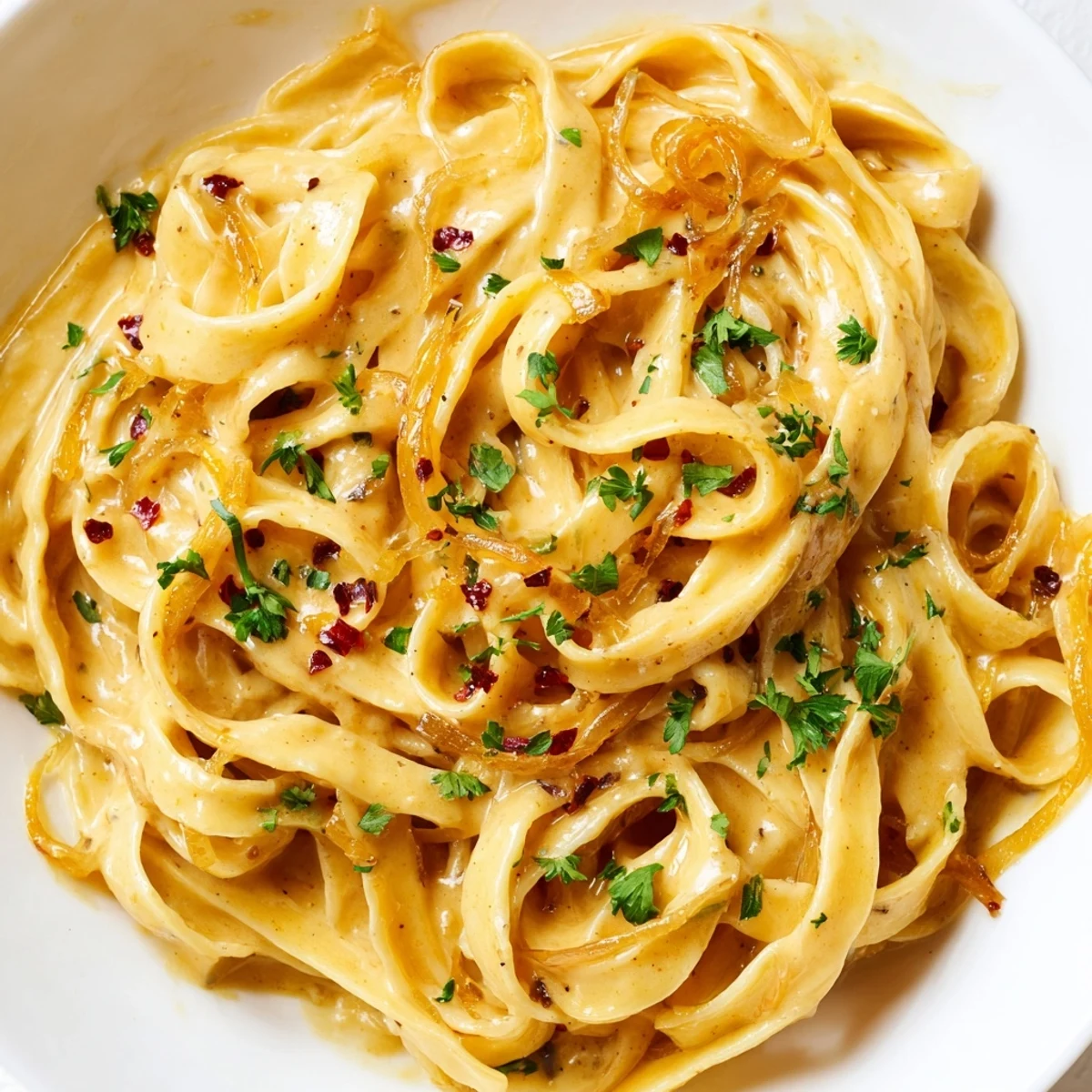 Creamy Sweet Heat Caramelized Onion Fettuccine topped with fresh parsley and Parmesan cheese
