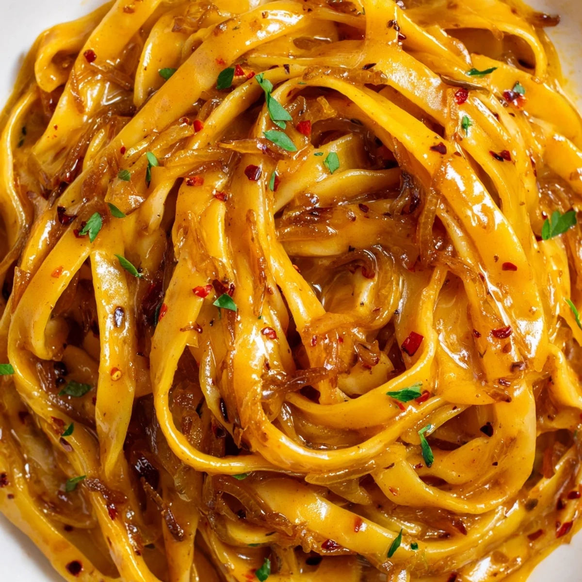 Sweet Heat Caramelized Onion Fettuccine in silky sauce with golden onions and red chili flecks