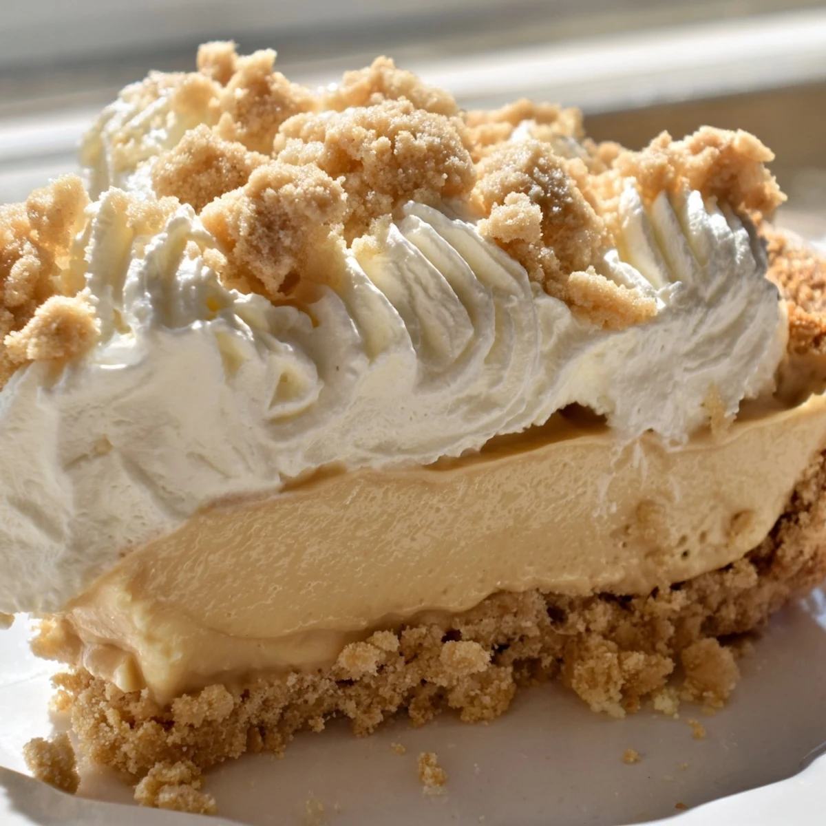 Creamy Amish peanut butter dream pie topped with fluffy whipped cream and golden crumbs