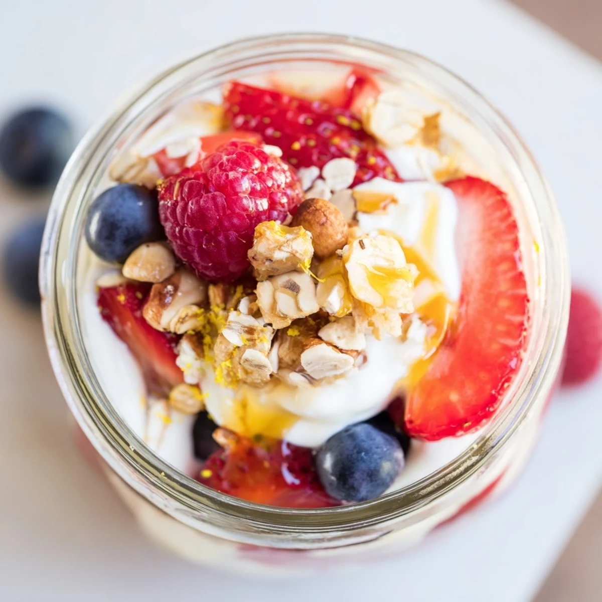 Creamy Greek yogurt parfait layered with fresh berries and crunchy granola in glass
