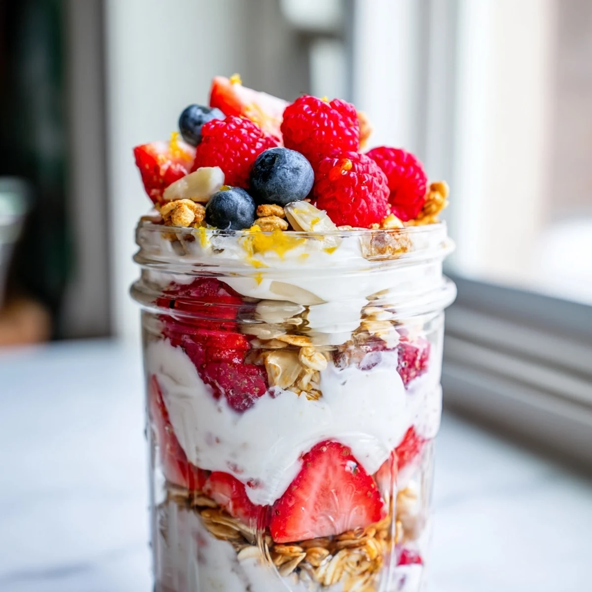 Greek yogurt parfait topped with vibrant mixed berries and honey drizzle