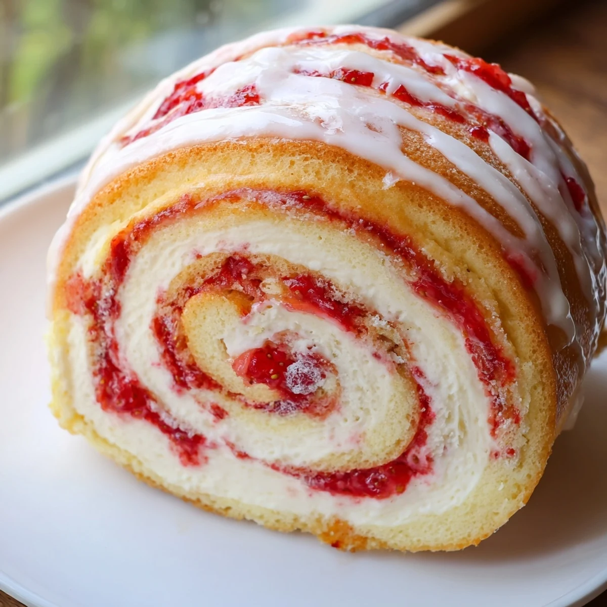 Golden Strawberry Shortcake Cheesecake Rolls drizzled with sweet vanilla glaze on a white platter