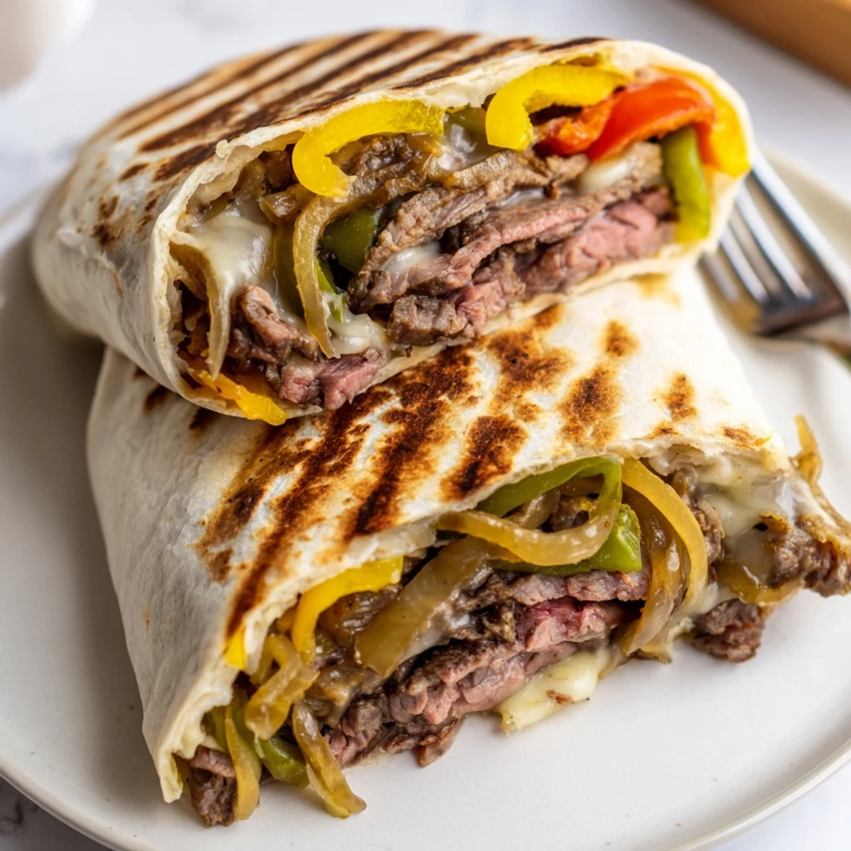 Golden crispy Philly cheesesteak grilled wraps sliced open showing melted provolone and tender beef