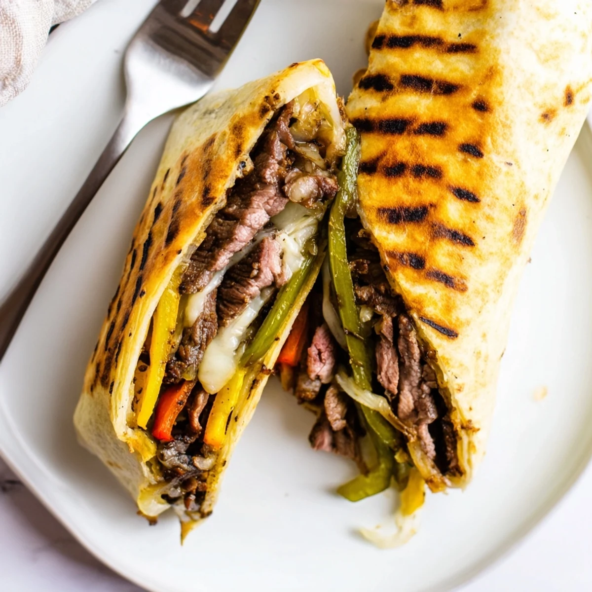 Crispy Philly cheesesteak grilled wraps with sizzling peppers onions and gooey cheese on tortilla
