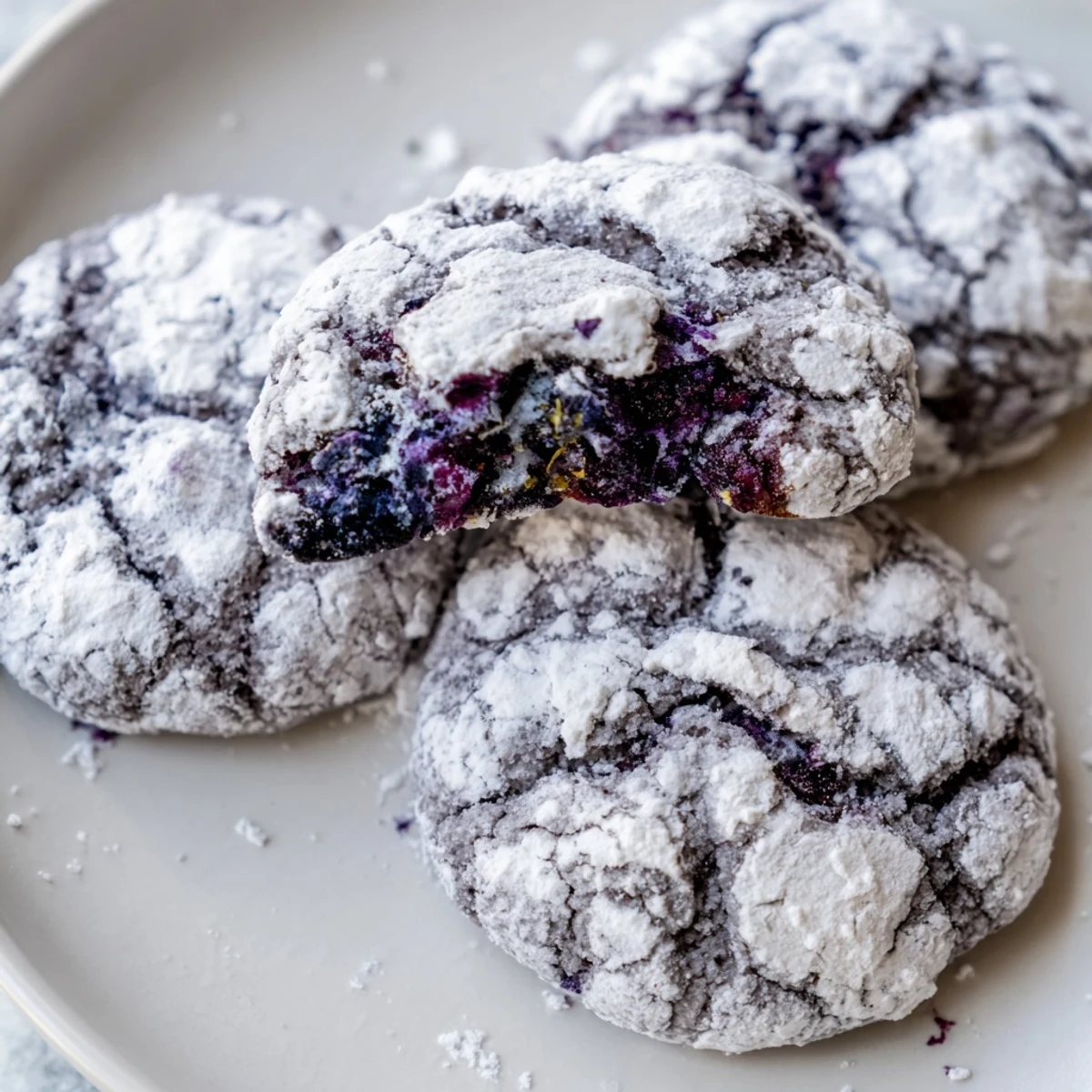Soft blueberry crinkle cookies with powdered sugar coating on rustic white baking sheet