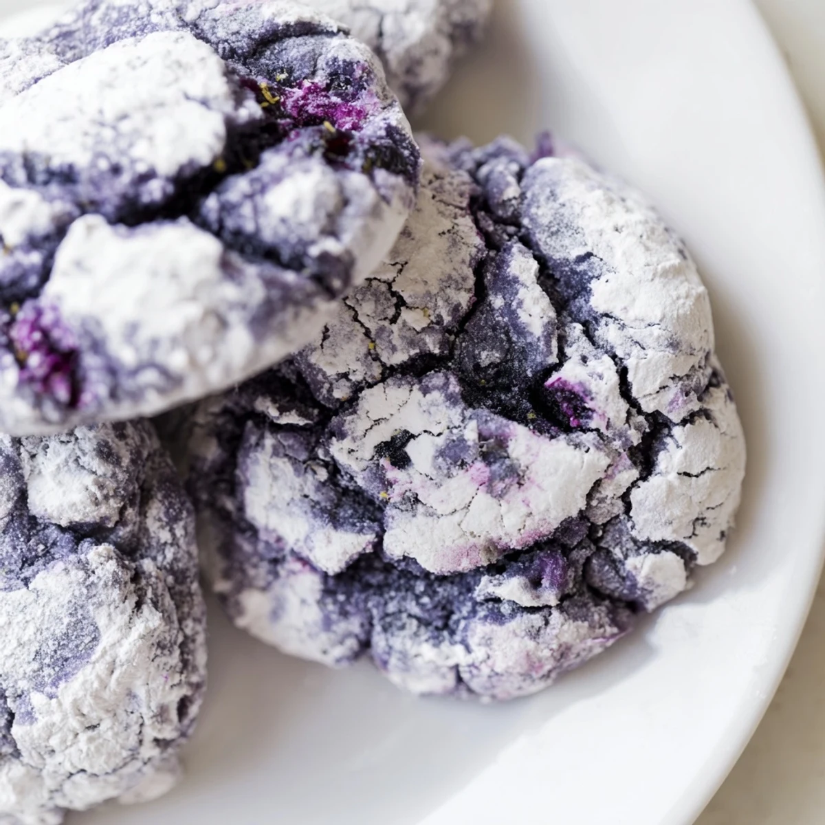 Golden-edged blueberry crinkle cookies showing crackled tops dusted with snowy powdered sugar
