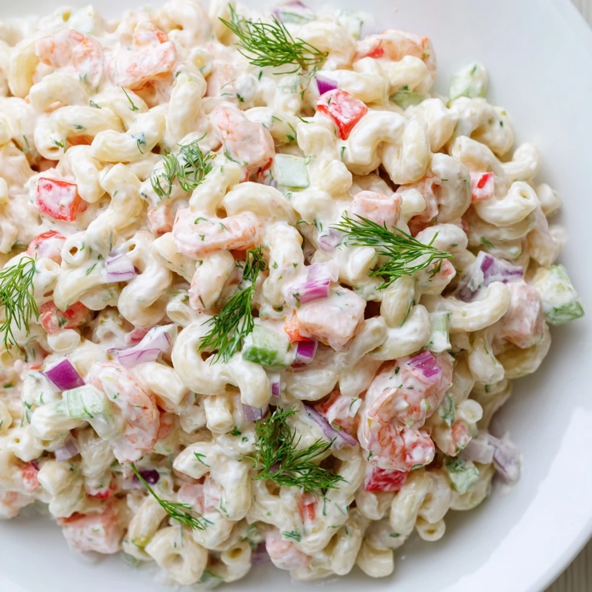 Creamy shrimp macaroni salad loaded with tender shrimp and crisp vegetables in tangy dressing
