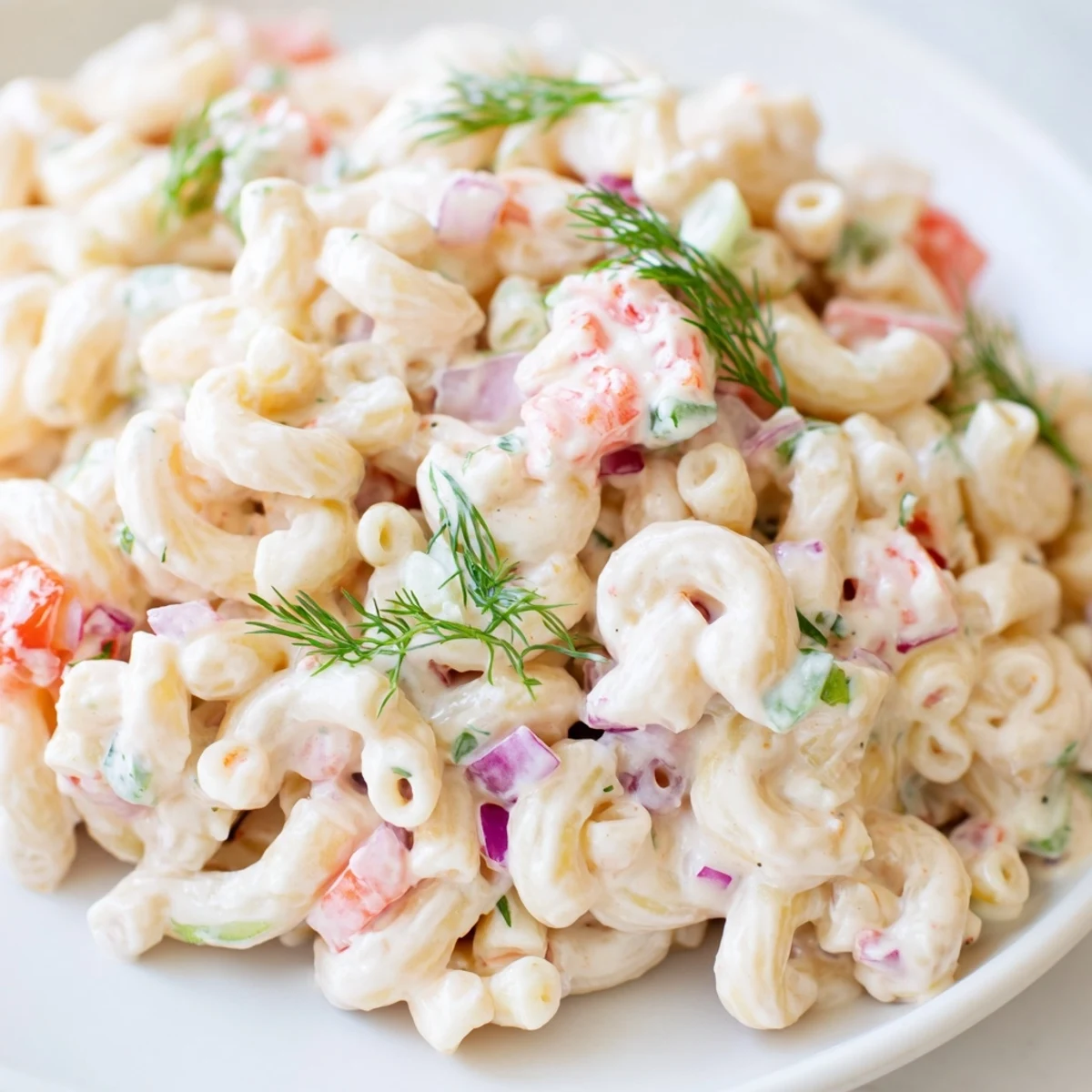 Chilled shrimp macaroni salad served in a bowl with colorful bell peppers and fresh herbs