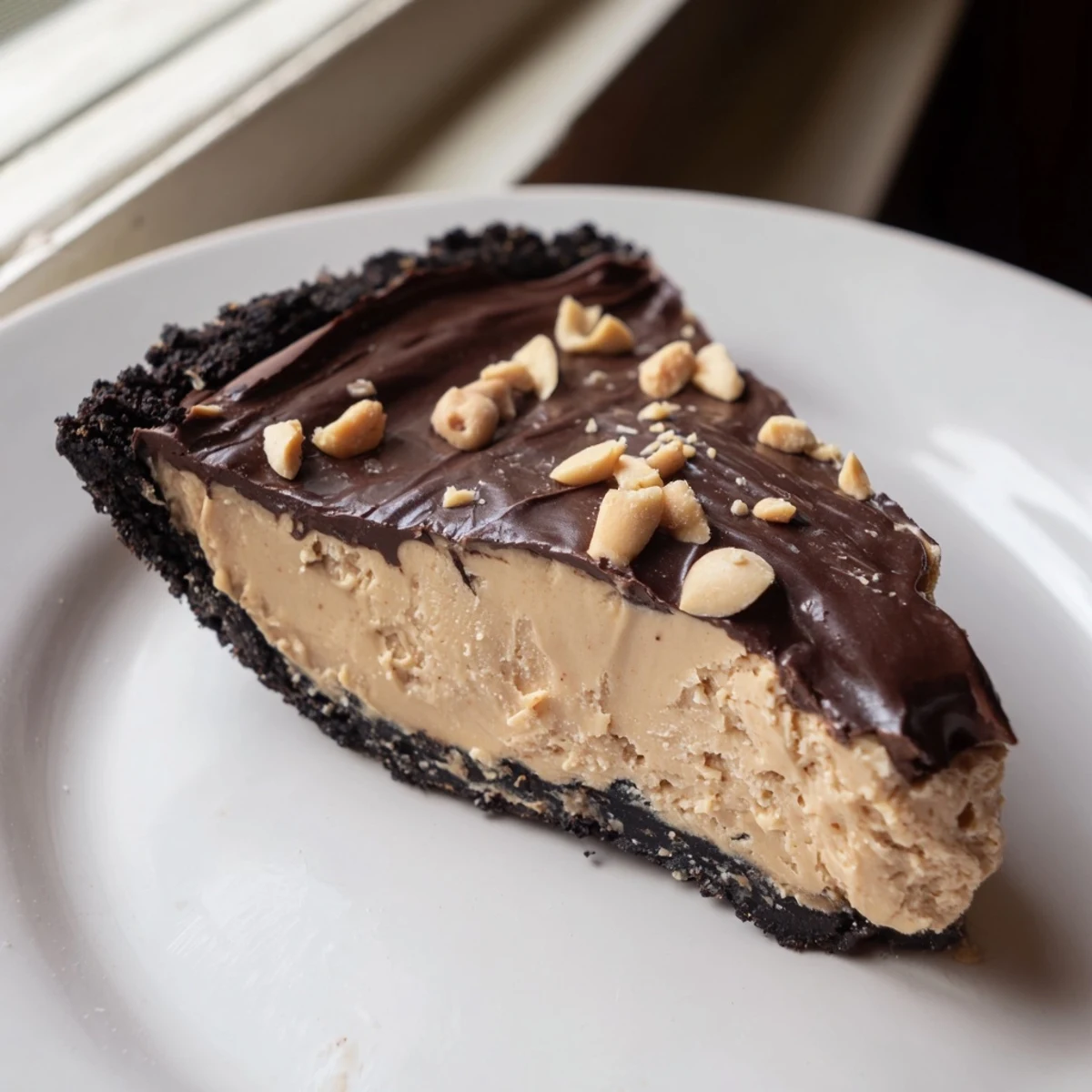 Creamy no bake peanut butter pie sliced and served on a white dessert plate