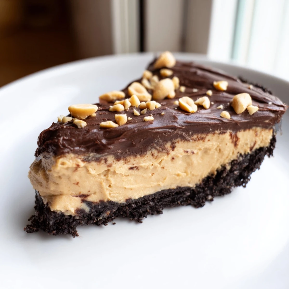 No bake peanut butter pie topped with chocolate ganache and chopped peanuts