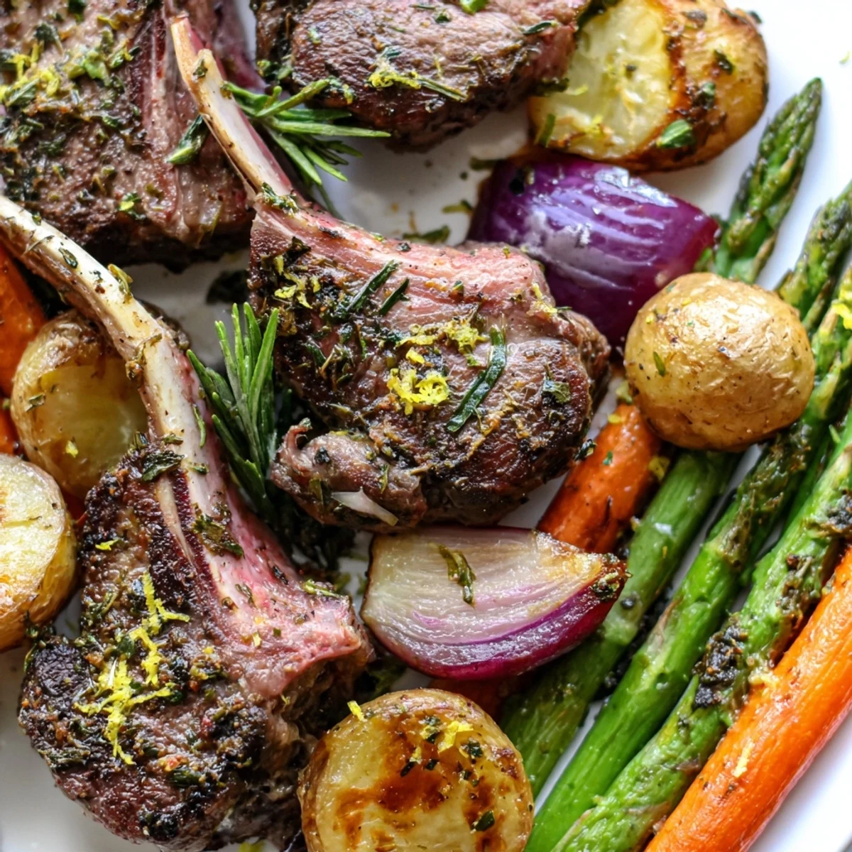 Golden herb-crusted lamb chops nestled among roasted baby potatoes and vibrant carrots on a gleaming sheet pan