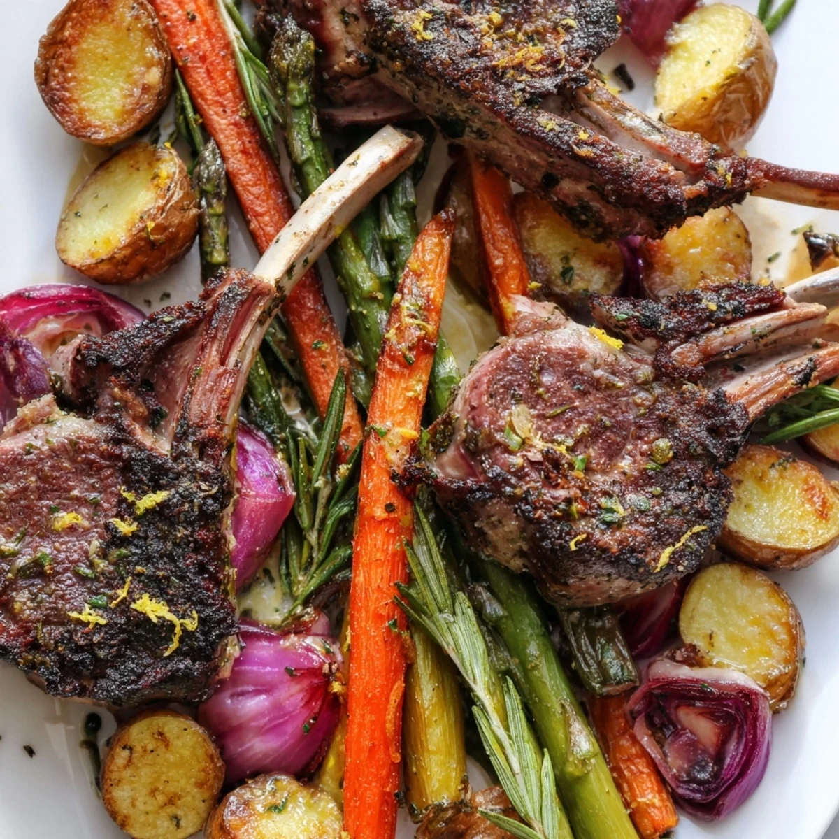 Sheet pan Easter dinner with rosemary garlic lamb, tender asparagus, and caramelized vegetables fresh from the oven