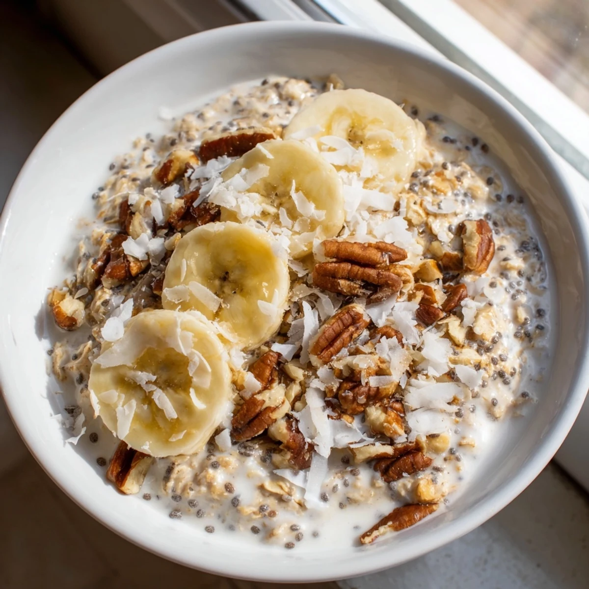 Creamy coconut cream pie overnight oats topped with toasted coconut flakes and pecans in a glass jar