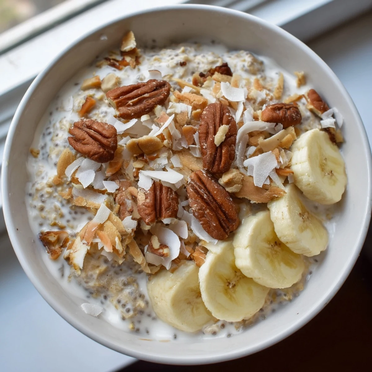 Thick coconut cream pie overnight oats served chilled with crunchy nuts and fresh banana slices