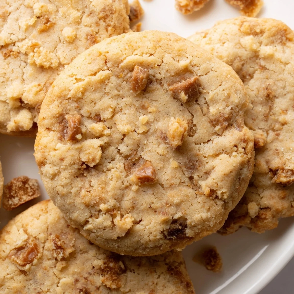 Golden espresso shortbread cookies with melty toffee chunks on a rustic baking sheet