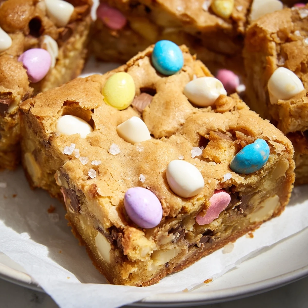Chewy Cadbury Mini Egg Blondies with gooey centers and pastel candy topping