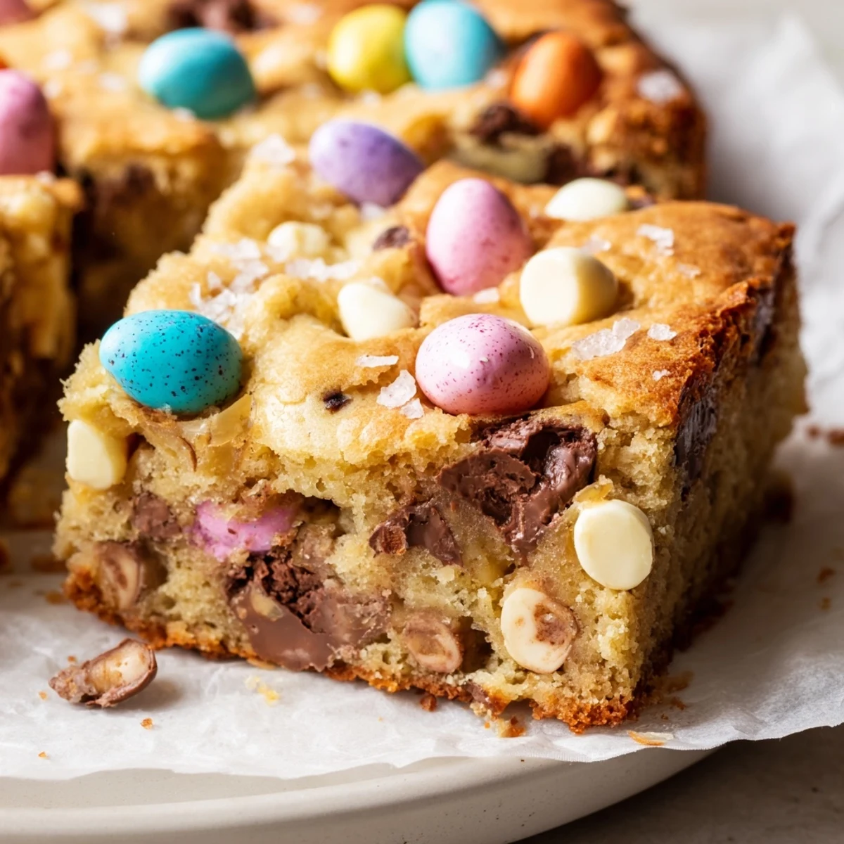 Golden buttery blondies loaded with chocolate chunks and speckled Cadbury Mini Eggs