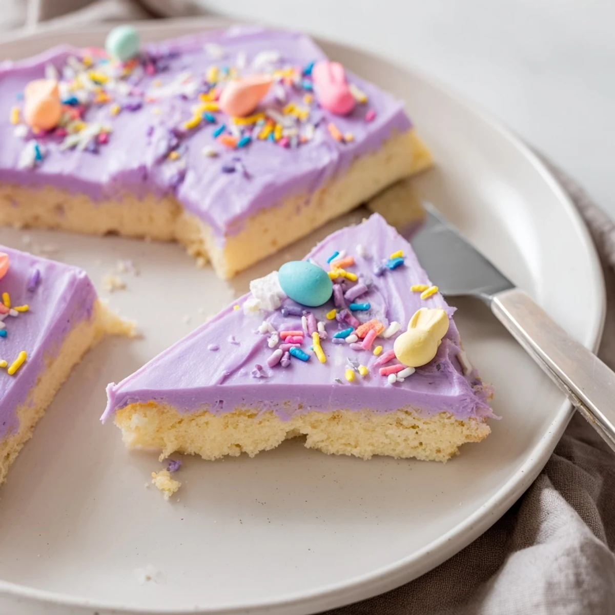 Soft Easter sugar cookie bars with swirled pastel frosting and rainbow sprinkles on a rustic baking sheet