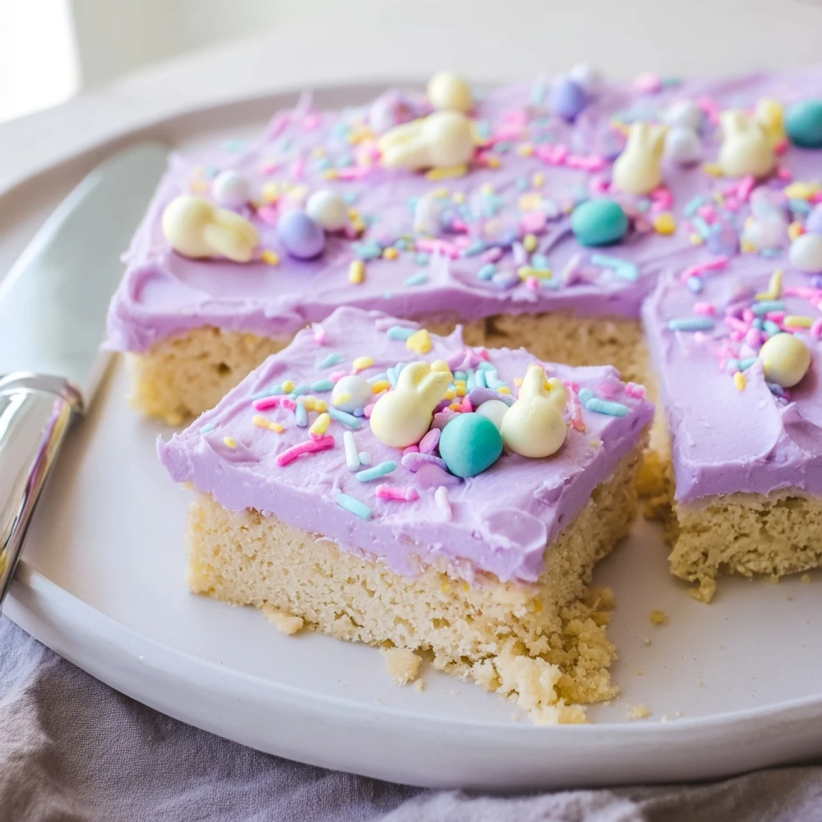 Creamy pastel-frosted Easter sugar cookie bars cut into neat squares and arranged on a decorative serving platter