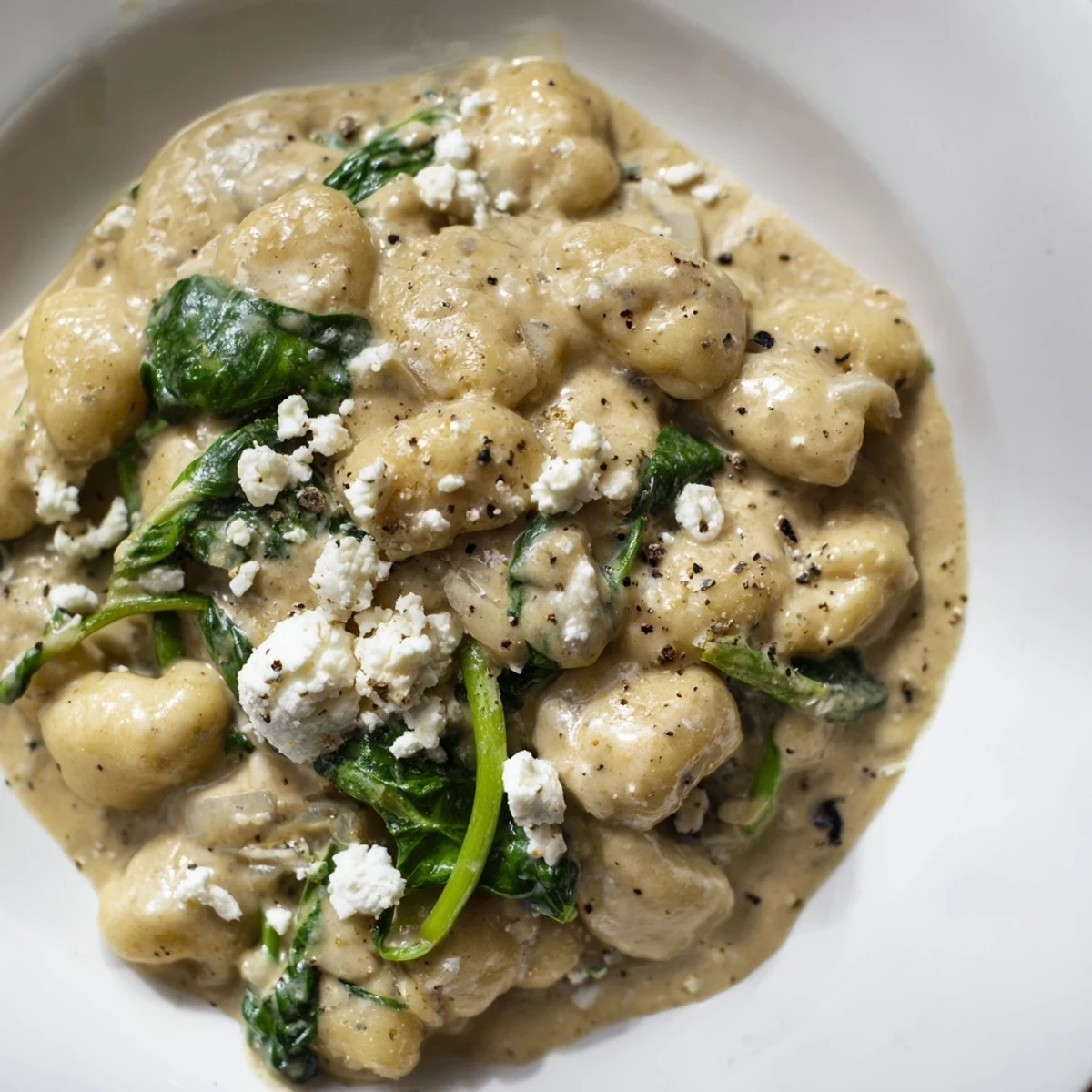 Creamy gnocchi with spinach and feta served in a white bowl with fresh garnish