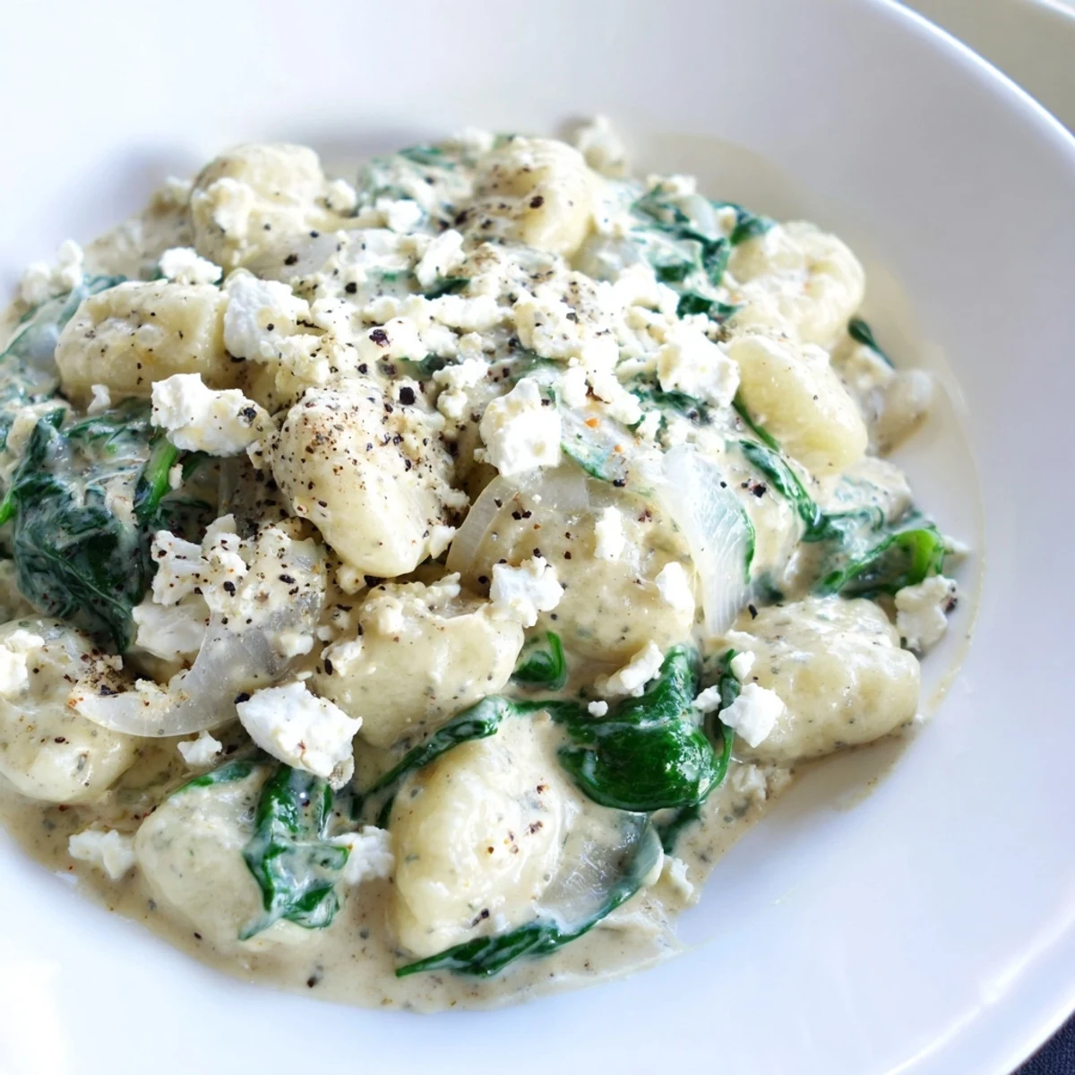 Soft potato gnocchi with spinach and feta glistening in rich velvet sauce