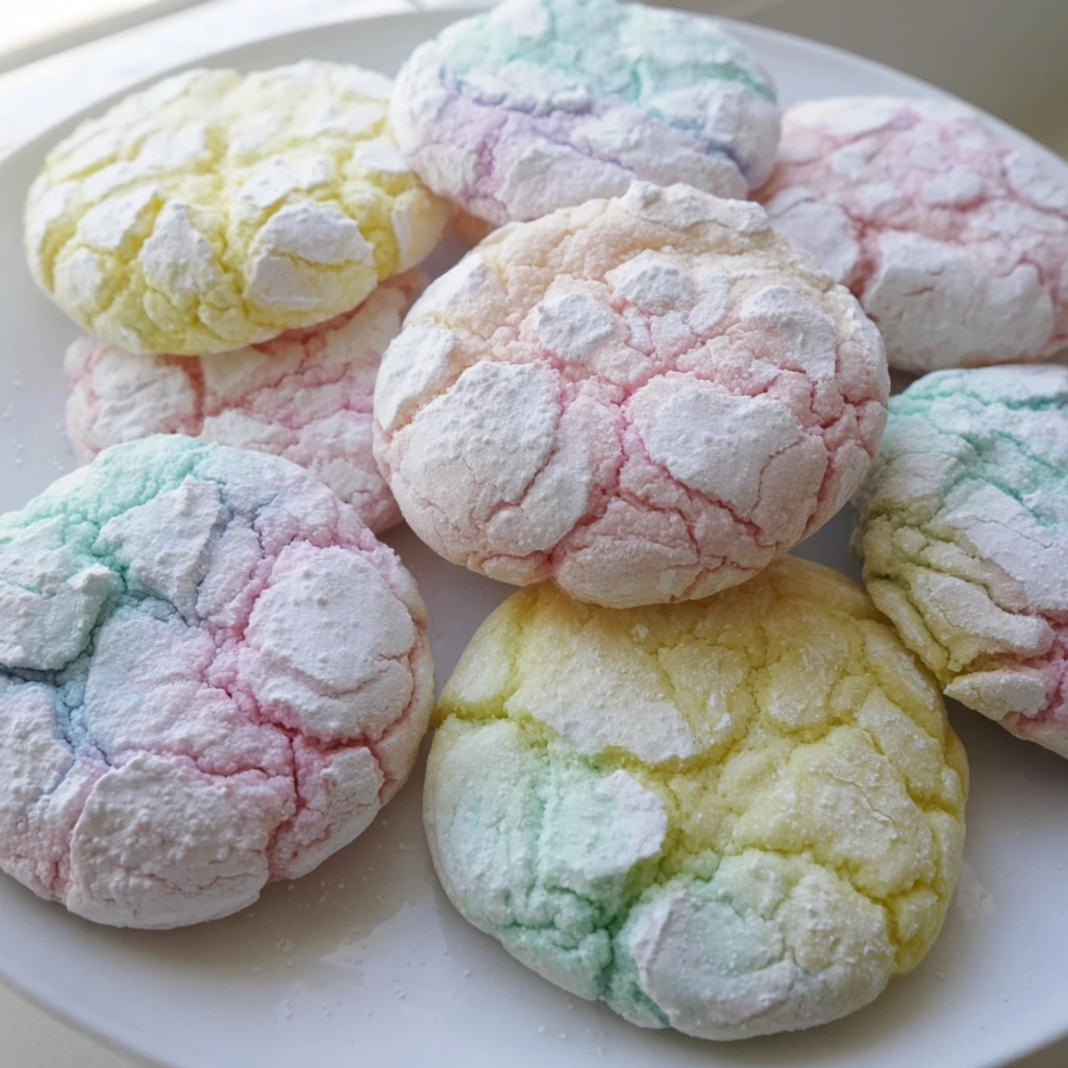 Soft pastel crinkle cookies with powdered sugar coating arranged on a rustic white serving plate