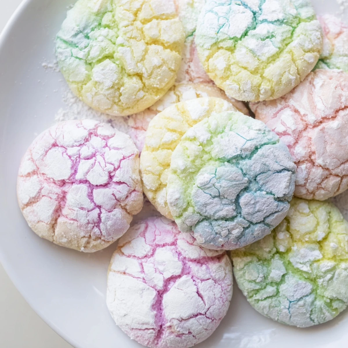 Colorful pastel crinkle cookies displaying crackled surfaces and sweet powdered sugar dusted tops