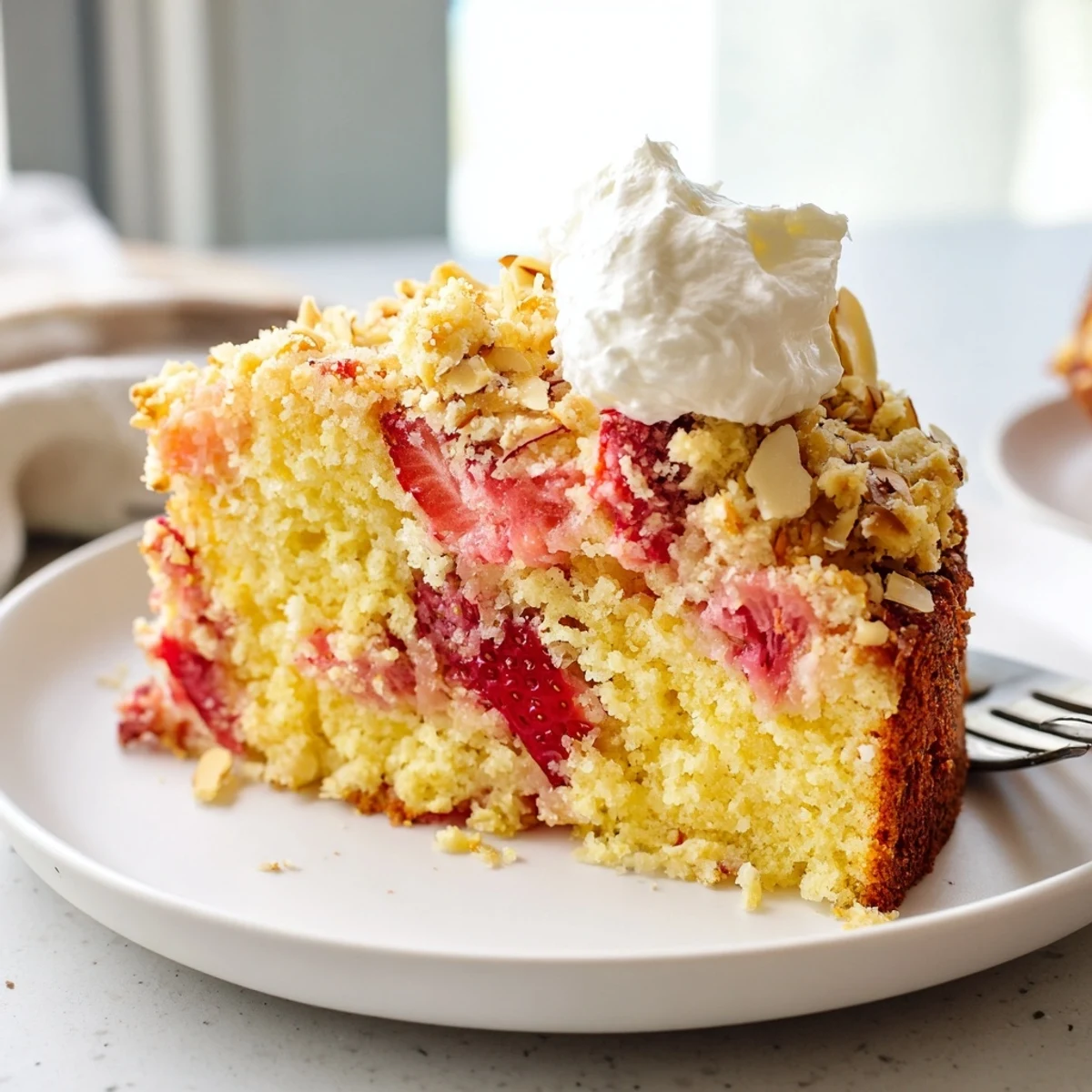 Golden lemon rhubarb strawberry cake with crunchy almond streusel fresh from oven