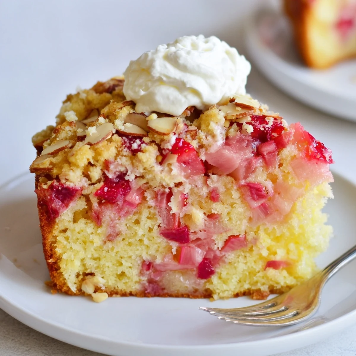 Moist lemon cake bursting with ruby rhubarb strawberries and crispy almond streusel topping