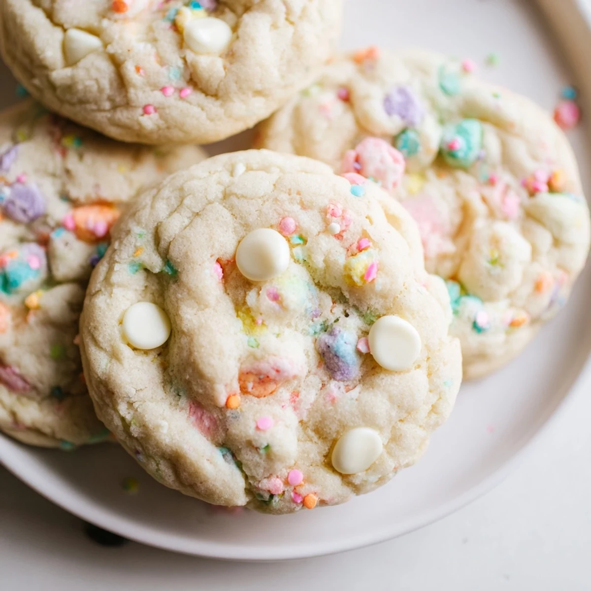 Soft pastel white chocolate cookies with creamy chips and colorful sprinkles on a rustic baking sheet