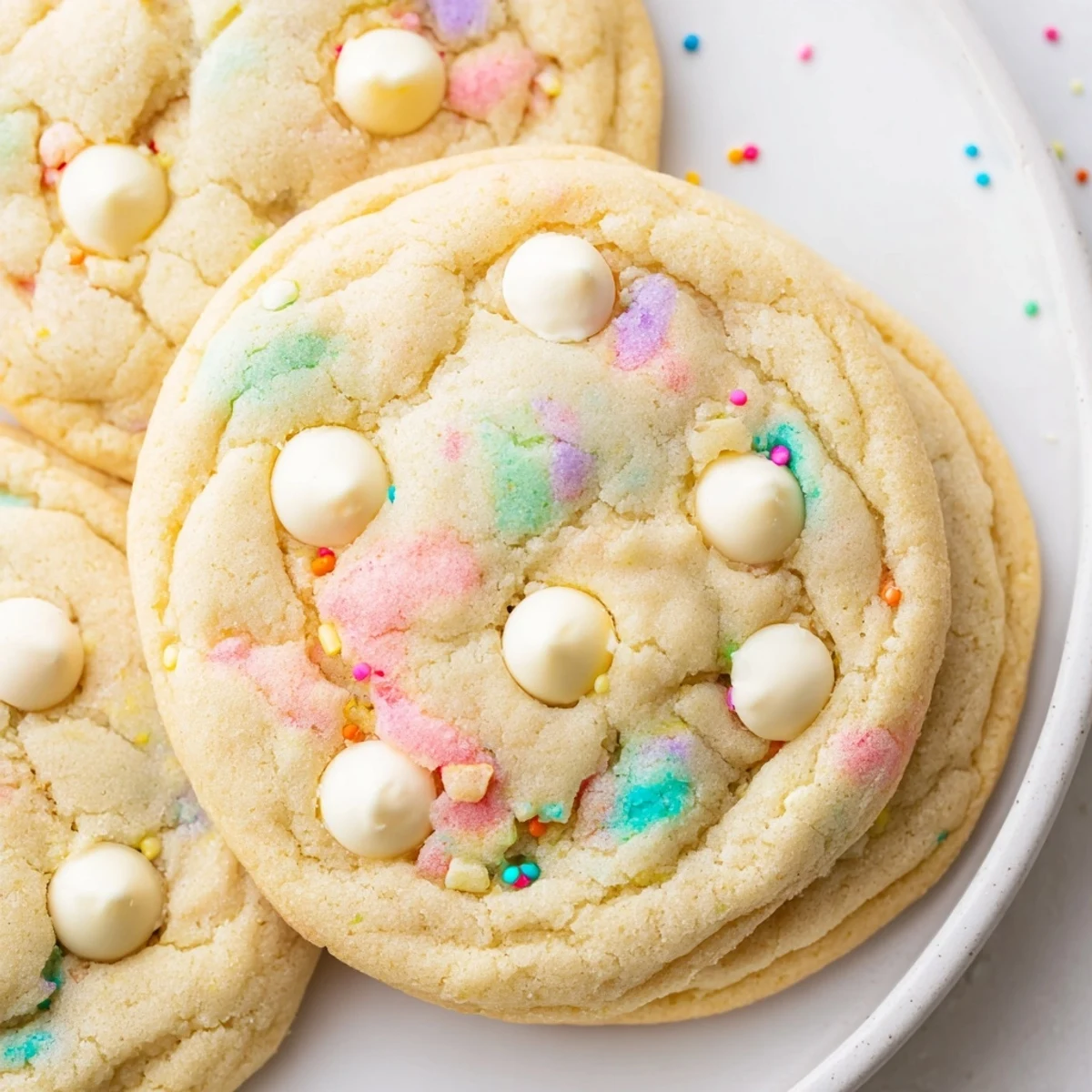 Chewy pastel white chocolate cookies studded with melty white chips and dotted with festive sprinkles