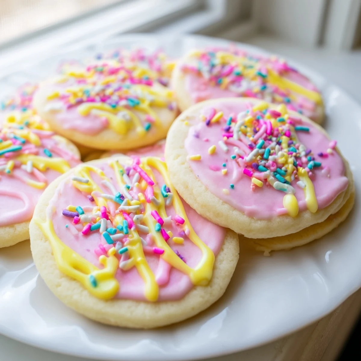 Soft Easter cookies decorated with pastel icing and colorful sprinkles on a rustic baking sheet
